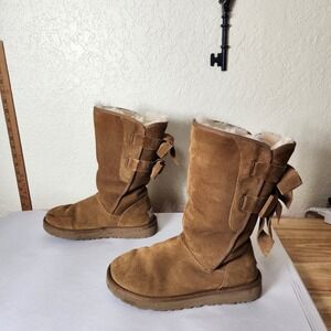 UGG Bailey Bow Tall II Chestnut Suede Shearling Boots Womens Size 7 1102931